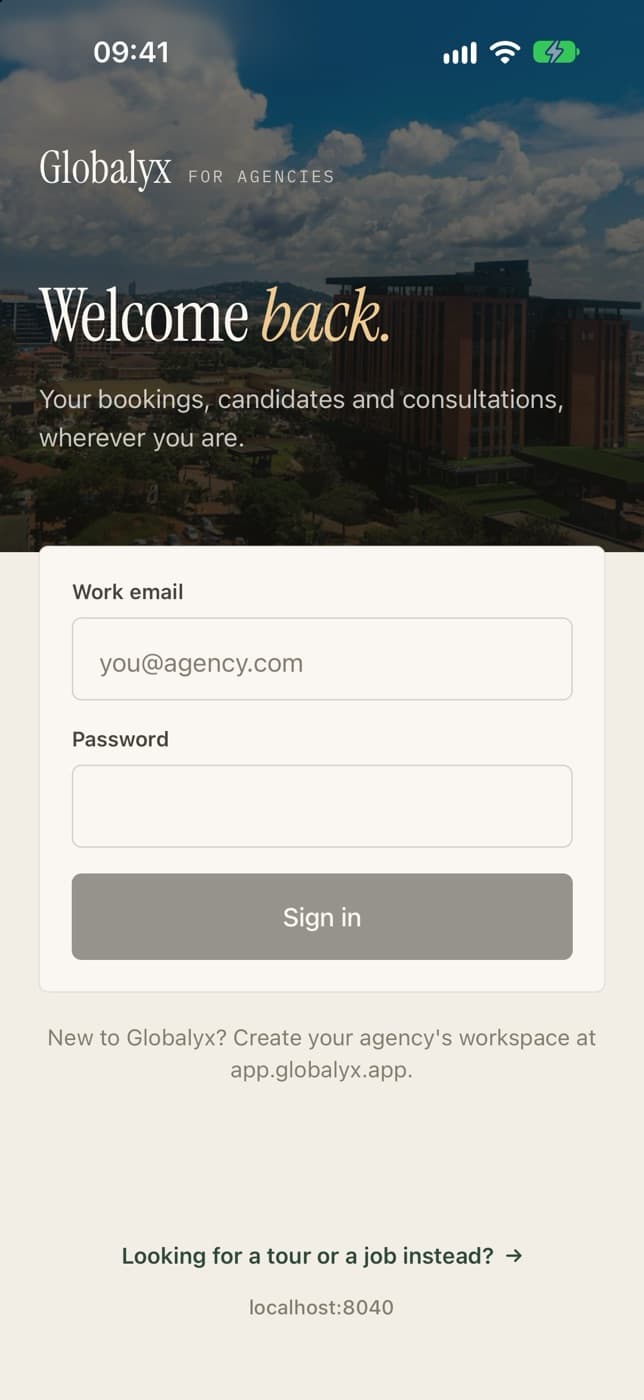 The agency side of the app: sign in to bookings, candidates and consultations