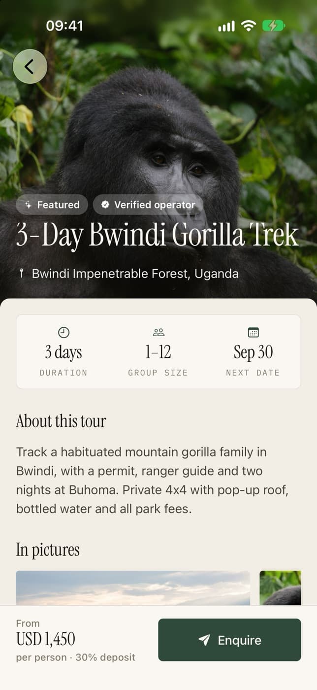 A gorilla trek, with duration, group size and the next departure